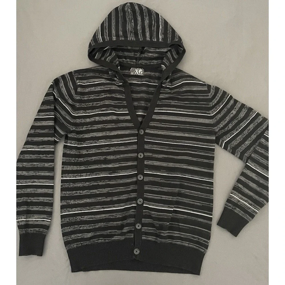 XG‎ Premium Quality V-Neck Button Up Hooded Black Mens Sweater Size Medium